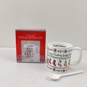 Holiday Lane Porcelain Mug And Spoon Set Happy Christmas Stockings Gifts